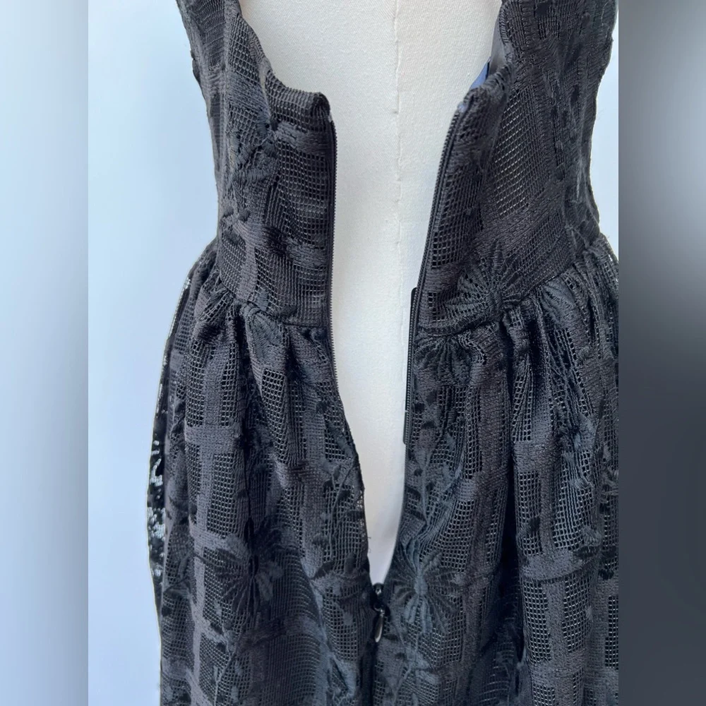 BEBE Black Embroidered Mesh Fit & Flare Mini Dress – Crisscross Back – Size 6 - Picture 8 of 16